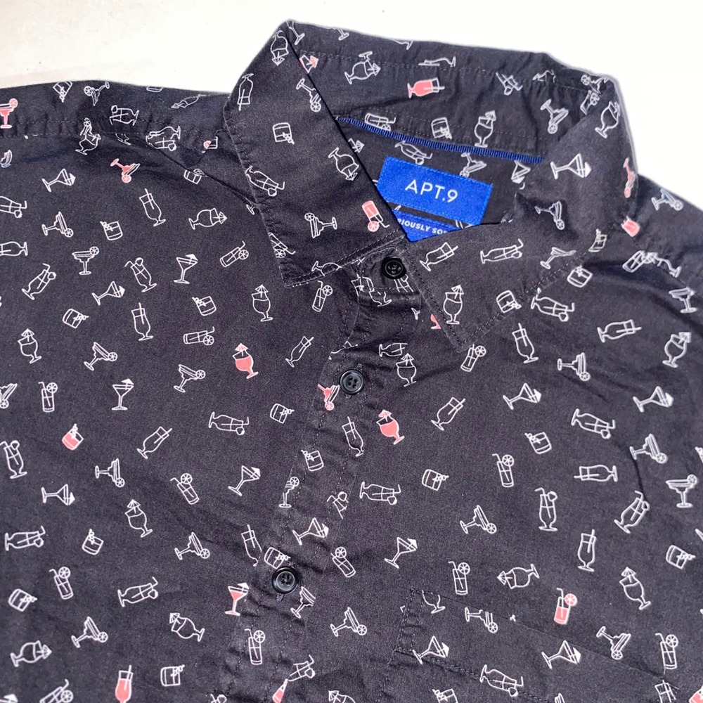 Apt 9 Mens Cocktail Print Button Down Shirt Black Short Sleeve Medium Novelty